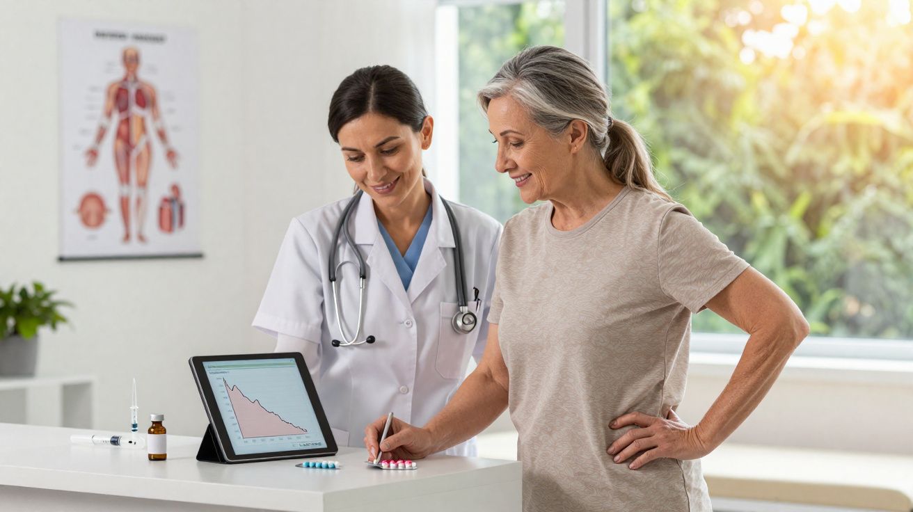 Médica consulta paciente idosa e ambas observam gráfico em tablet sobre mesa de clínica médica iluminada.