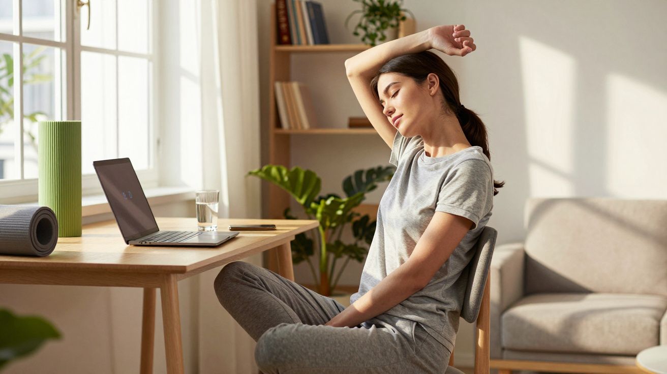 Mulher fazendo alongamento sentado em cadeira próxima a mesa com laptop e rolo de yoga em ambiente iluminado.