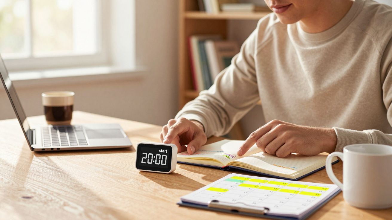 Pessoa estudando com livro, calendário, laptop, xícara e cronômetro digital marcando 20 minutos na mesa.