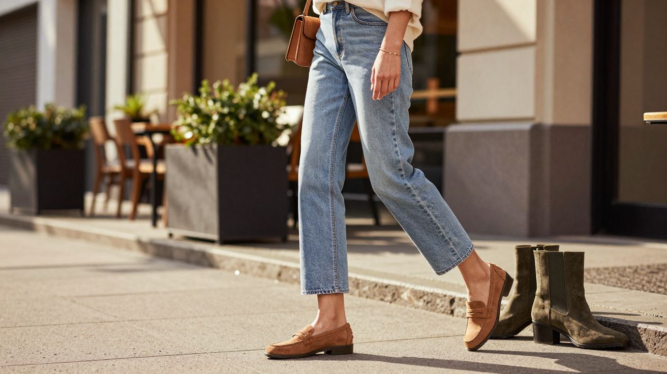 Pessoa caminhando na calçada com jeans e mocassim bege, com botas verdes ao lado.