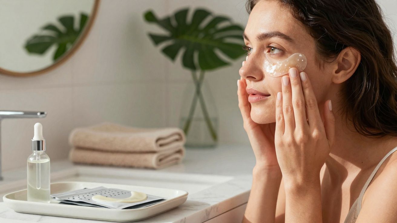 Mulher aplica creme facial próximo a pia de banheiro com toalhas e planta ao fundo.