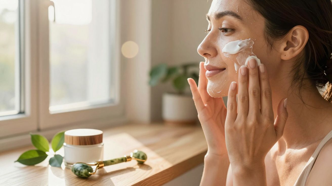 Mulher aplicando creme facial perto da janela, com rolo de jade e pote de creme sobre a mesa de madeira.