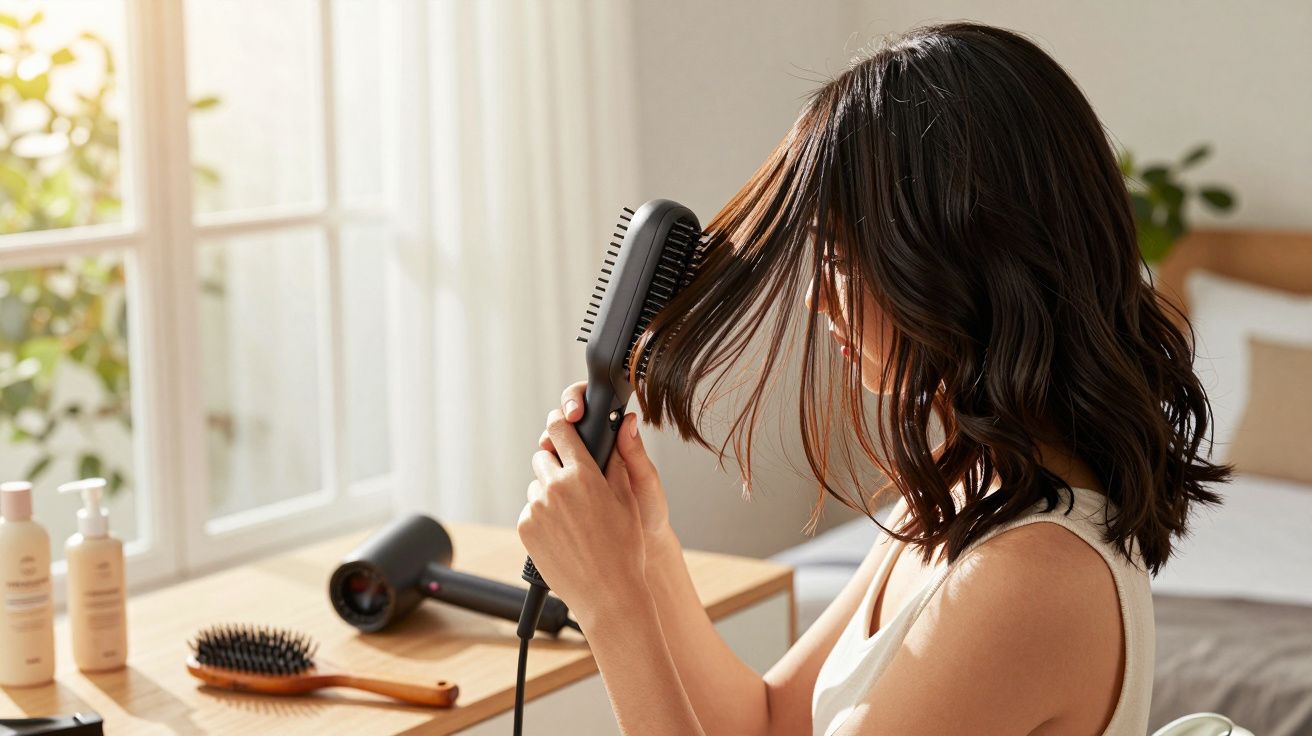 Mulher penteando o cabelo com escova elétrica, sentada perto de janela em ambiente iluminado.