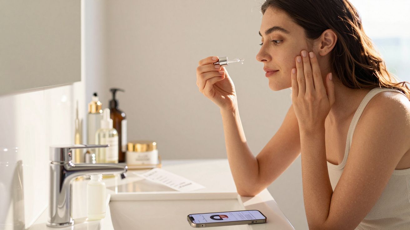 Mulher aplicando sérum facial com conta-gotas no rosto em banheiro iluminado, com celular na pia.
