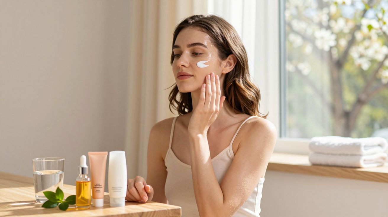 Mulher aplicando creme no rosto sentada em mesa com produtos de cuidados com a pele ao lado.