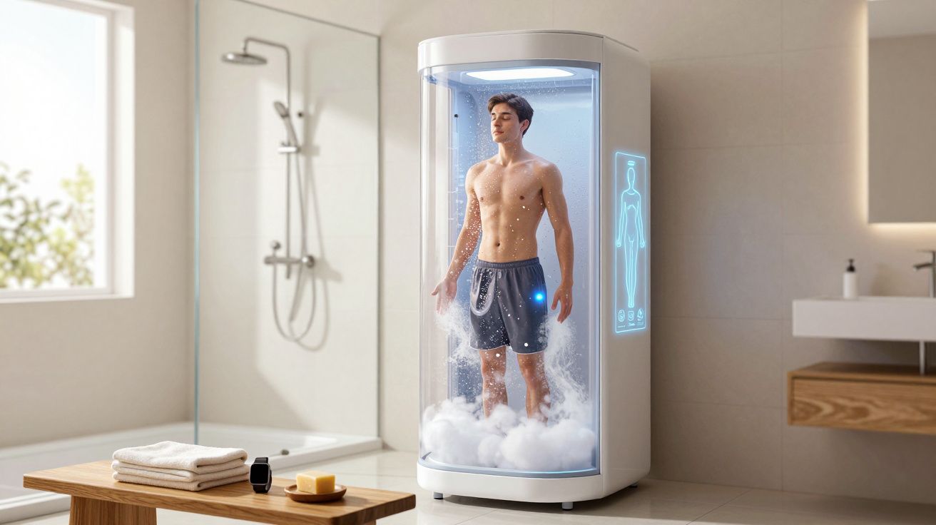 Homem em chuveiro futurista com luzes azuis, espuma e painel digital em banheiro moderno.