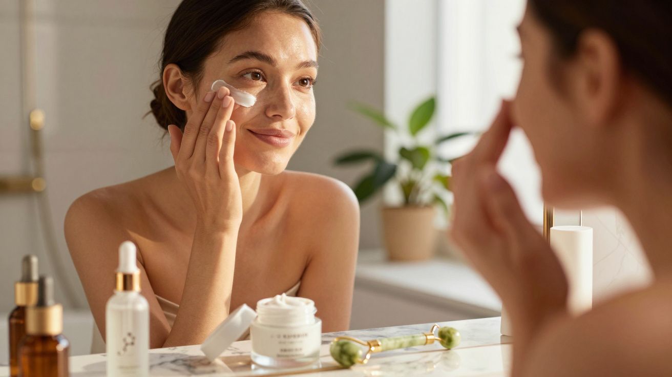 Mulher aplicando creme facial no rosto em frente ao espelho com produtos de skincare na bancada.