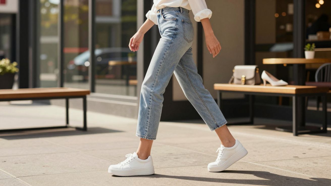 Pessoa caminhando com calça jeans azul clara e tênis branco em calçada urbana ensolarada.
