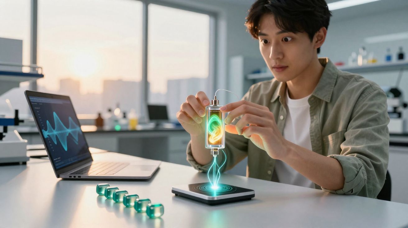 Jovem em laboratório manipulando dispositivo eletrônico futurista com energia holográfica azul e amarela.