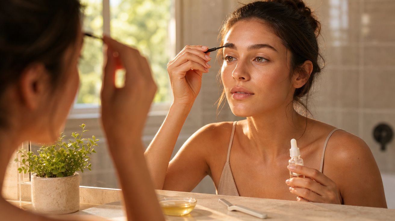 Mulher aplicando sérum facial enquanto se olha no espelho do banheiro iluminado pela luz natural.