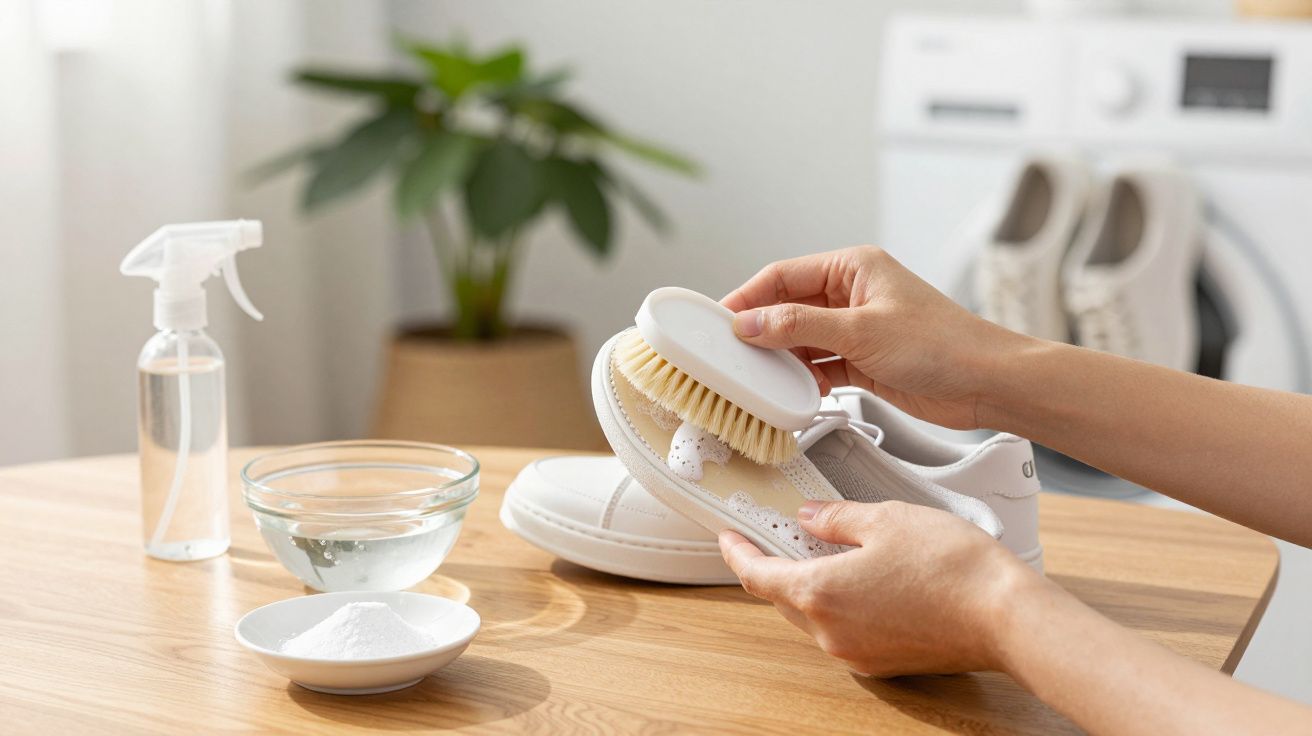 Pessoa limpando tênis branco com escova e espuma em mesa com bicarbonato, água e borrifador.