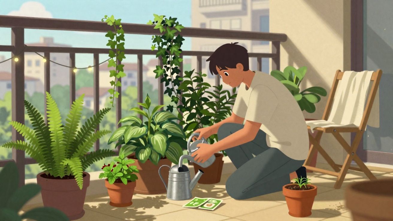 Homem regando plantas em vasos no chão de uma varanda ensolarada e decorada com cadeira.