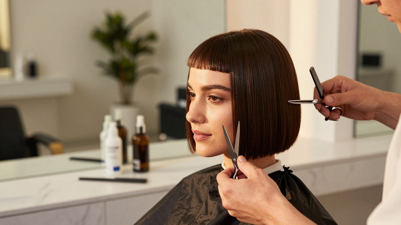 Mulher com cabelo curto sendo cortado por cabeleireiro em salão de beleza moderno.