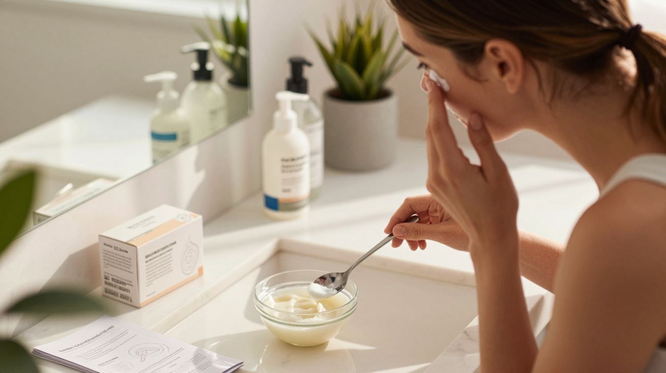 Mulher aplicando creme no rosto em banheiro com espelho, produtos de skincare e plantas pequenas.