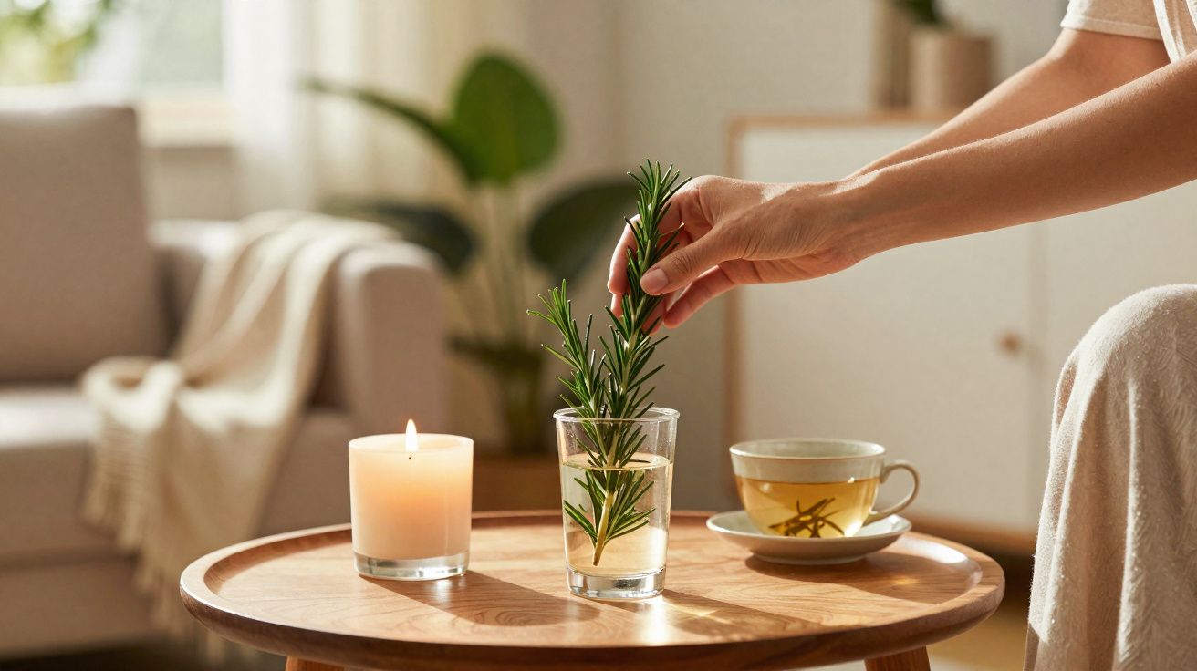 Mão colocando ramo de alecrim em copo na mesa com vela acesa e xícara de chá, em ambiente aconchegante.