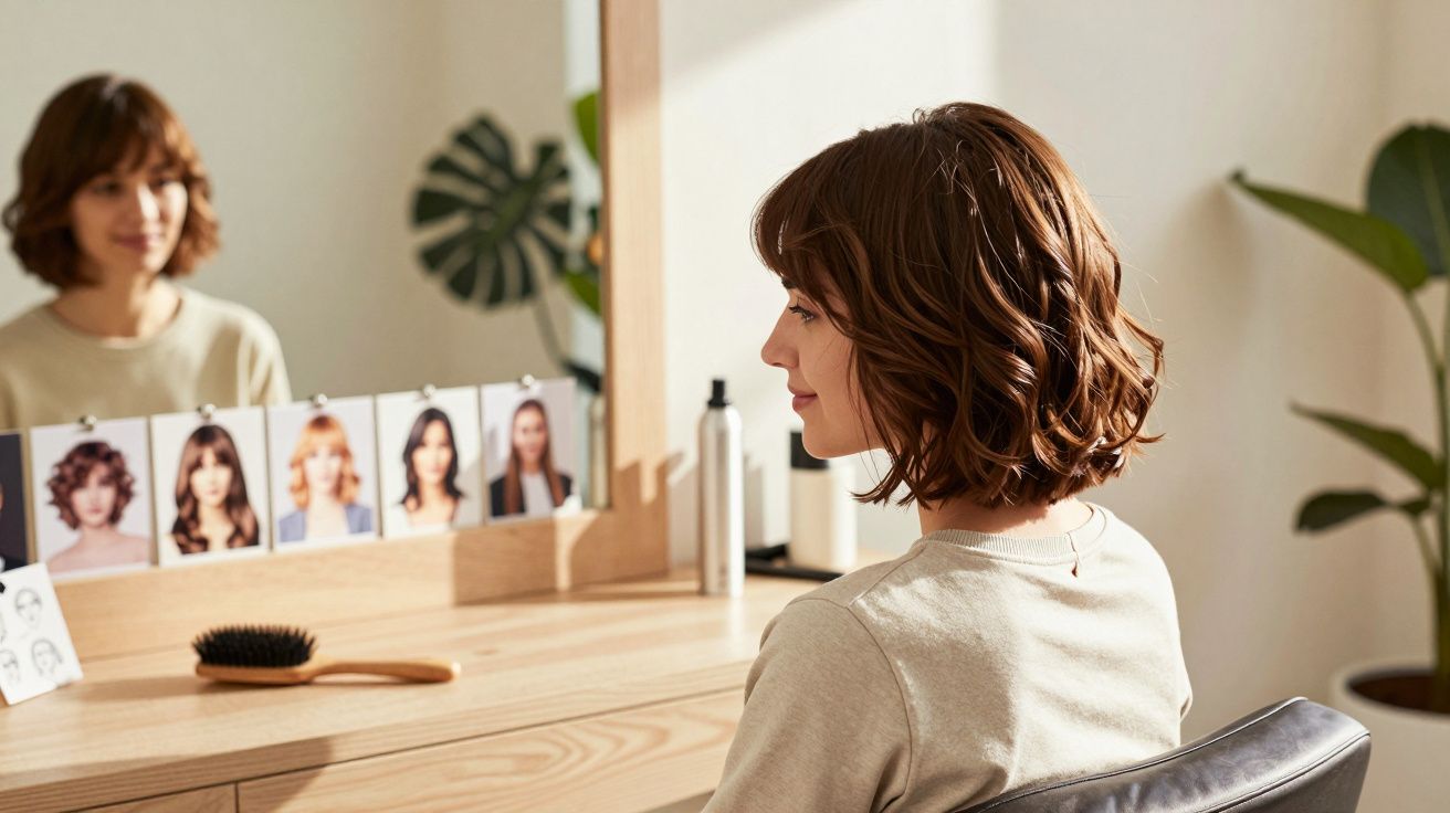 Mulher de cabelo curto e ondulado sentada em frente a espelho com fotos de cortes de cabelo.
