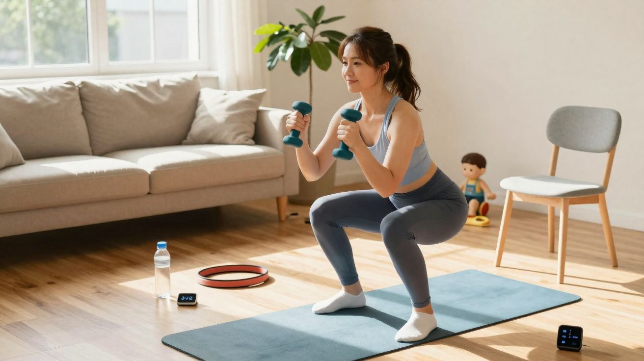 Mulher fazendo agachamento com halteres em tapete de yoga na sala de estar iluminada.