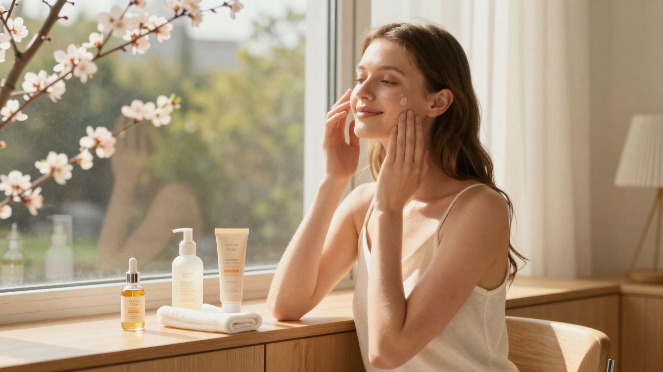 Mulher aplica creme facial sentada junto à janela com produtos de cuidados na mesa iluminada pela luz natural.