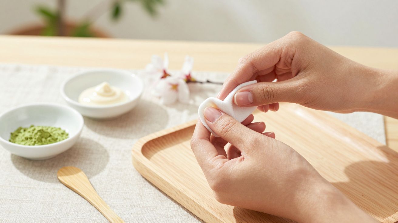 Mãos femininas segurando disco de algodão com tigelas de cremes e pó verde para skincare sobre mesa.