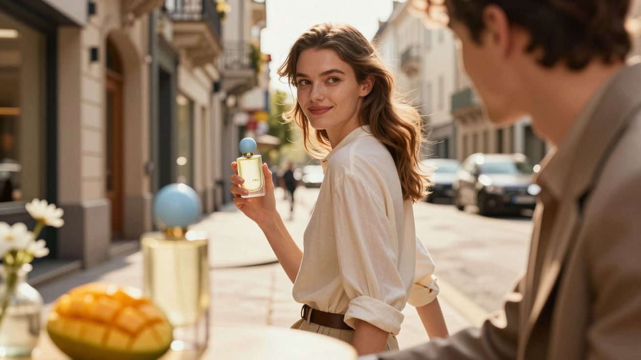 Mulher sorridente segurando perfume em rua ensolarada, com homem desfocado ao lado.