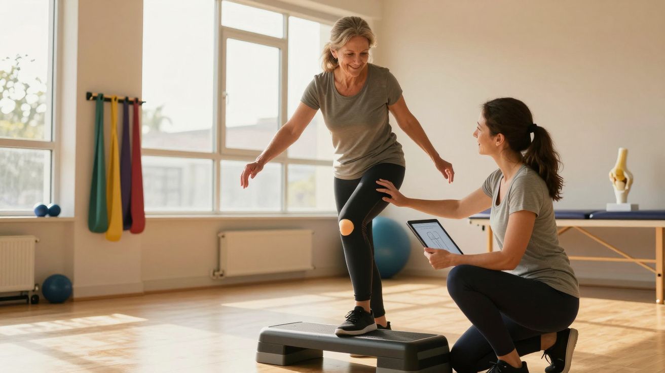 Mulher fazendo exercício em plataforma com orientação de fisioterapeuta em clínica de reabilitação.