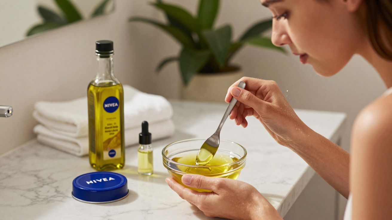 Mulher mexendo óleo em tigela de vidro com produtos Nivea sobre bancada de banheiro.