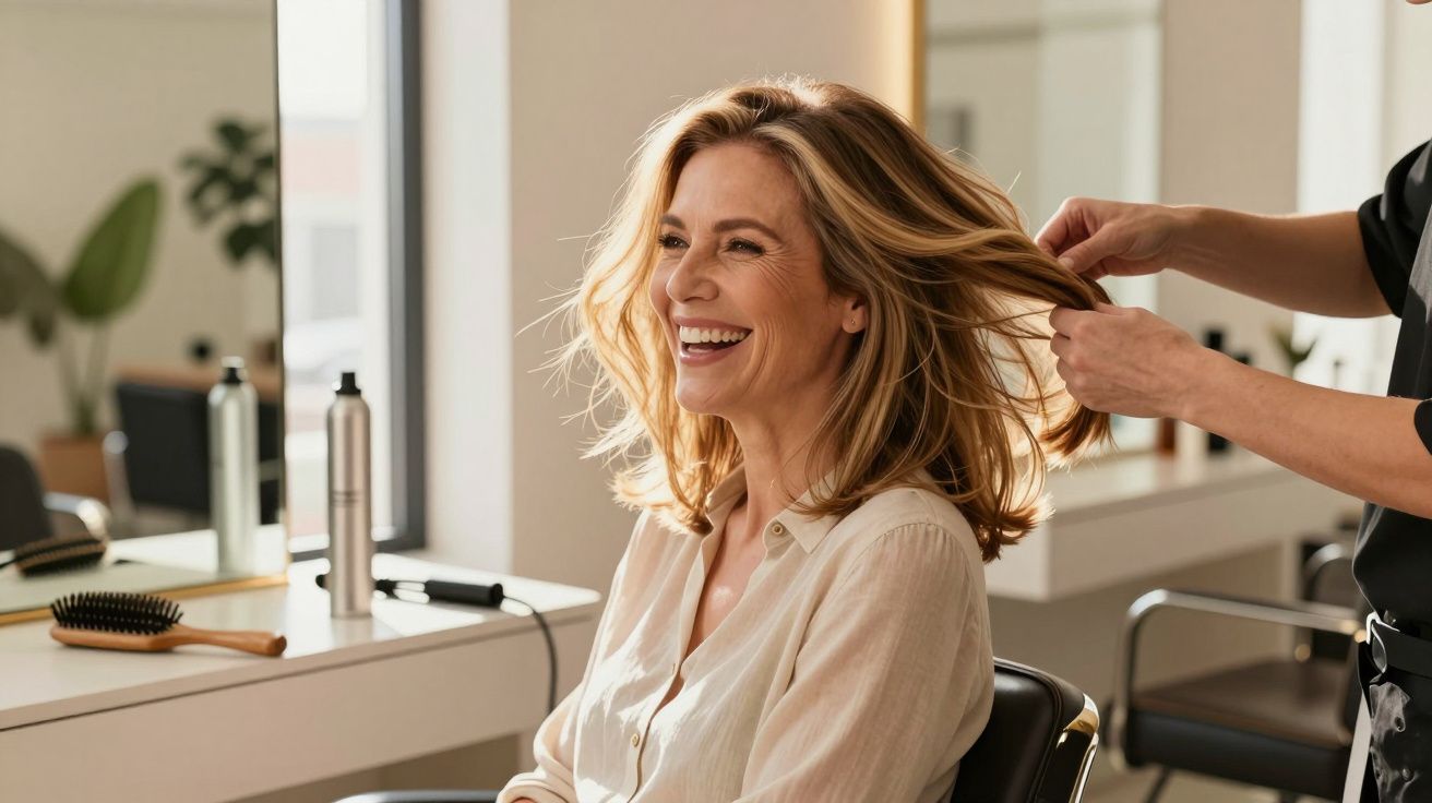 Mulher sorridente recebido penteado em salão de beleza com ambiente claro e moderno.