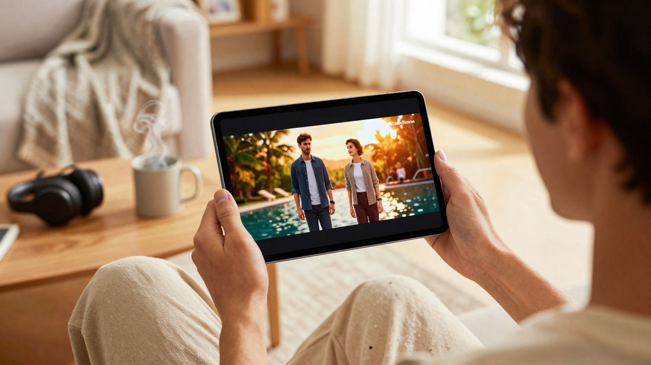 Pessoa assistindo vídeo em tablet com cena de casal caminhando junto perto de piscina ao pôr do sol.
