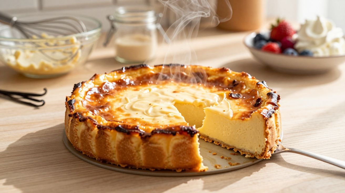 Torta de queijo quente com pedaço cortado em prato, vista em mesa com utensílios de cozinha ao fundo.