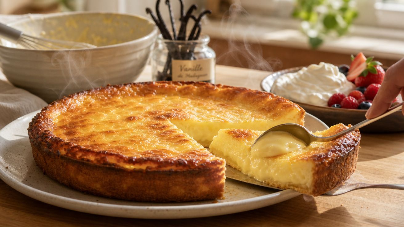 Torta cremosa de baunilha com fatia sendo servida, acompanhada de frutas vermelhas e chantili.
