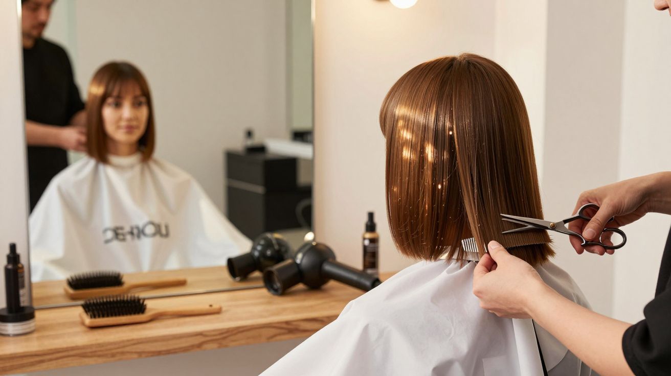 Pessoa recebendo corte de cabelo em salão, com espelho, secador e escovas na bancada.