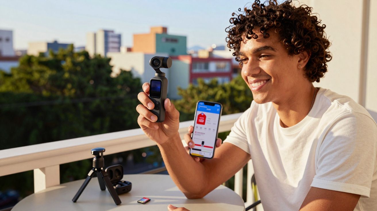 Jovem sorridente segurando câmera portátil e celular em varanda com mesa e cidade ao fundo.