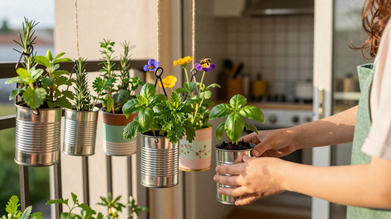 Mãos segurando vaso de planta com manjericão, vários vasos suspensos com ervas e flores ao sol.