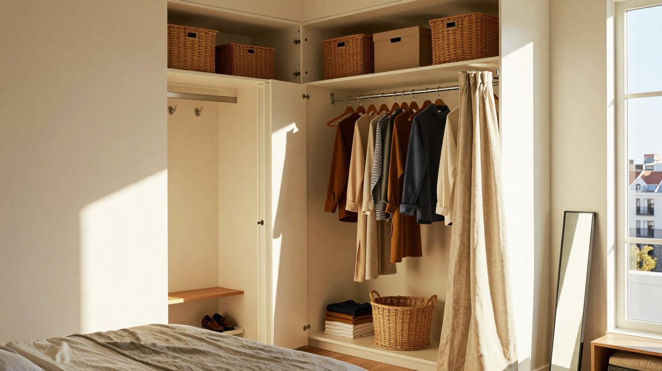 Closet aberto com roupas penduradas, cestos de palha, prateleira com sapatos e janela ao lado iluminada pelo sol.