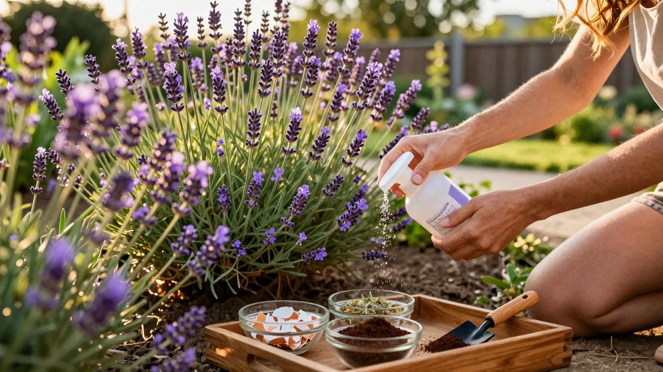 Pessoa aplicando fertilizante caseiro em plantas de lavanda em jardim ensolarado.