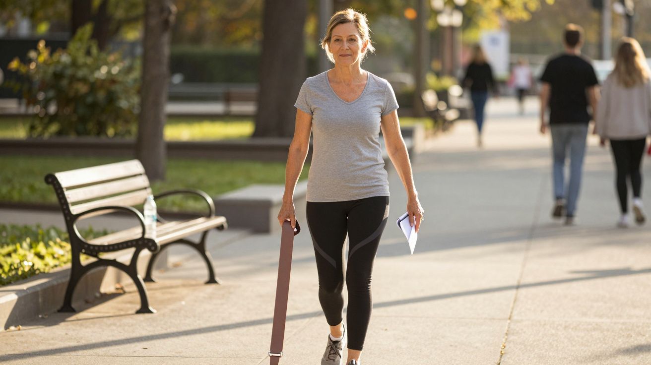 Mulher caminhando com roupa esportiva segurando bolsa e papel em parque urbano ensolarado.