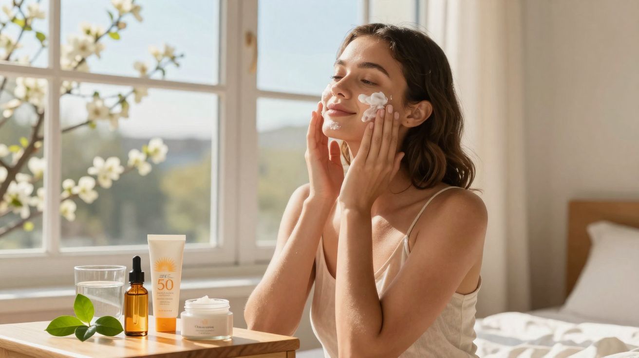 Mulher aplica creme no rosto perto de produtos de skincare em mesa junto a janela iluminada.