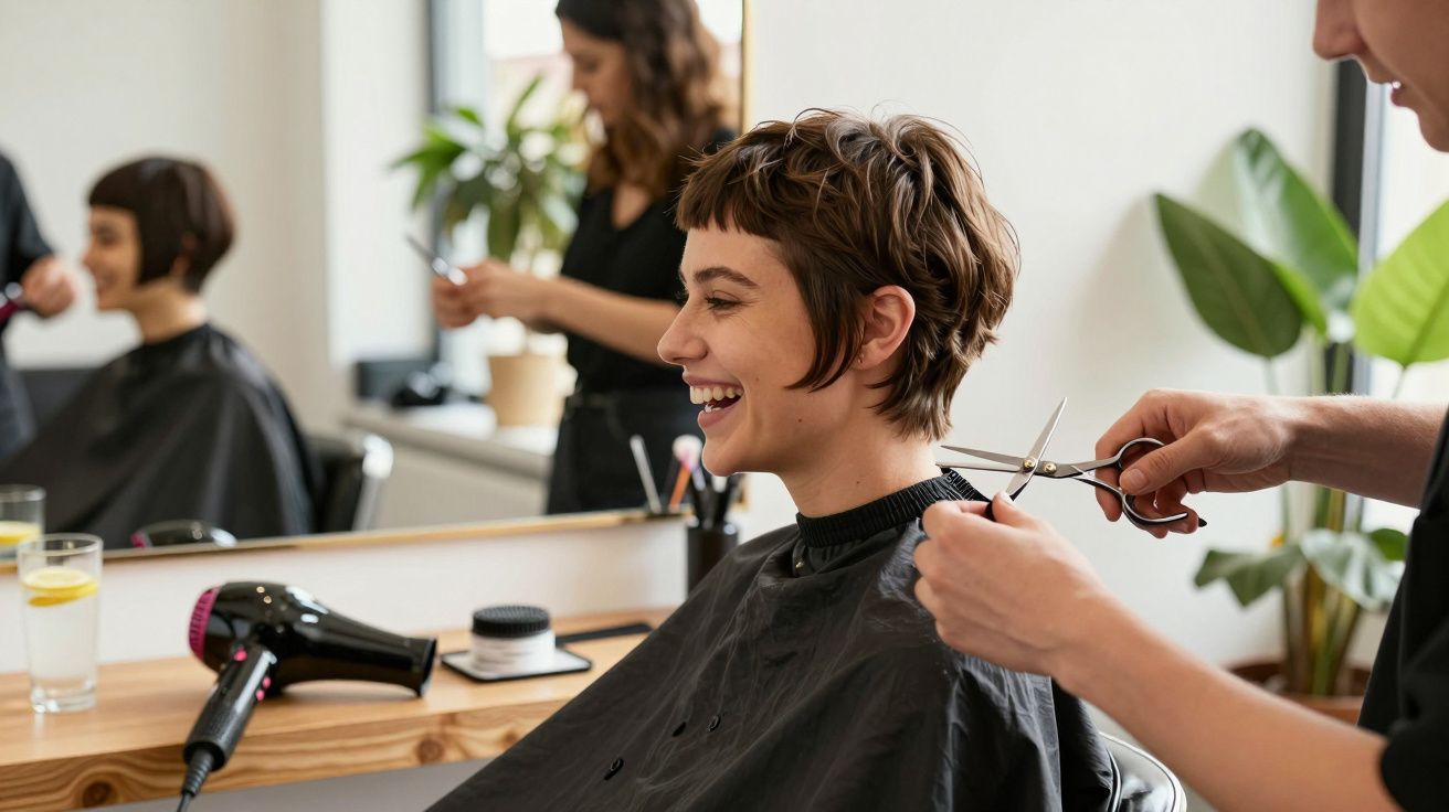 Cliente sorridente recebendo corte de cabelo curto em salão moderno.