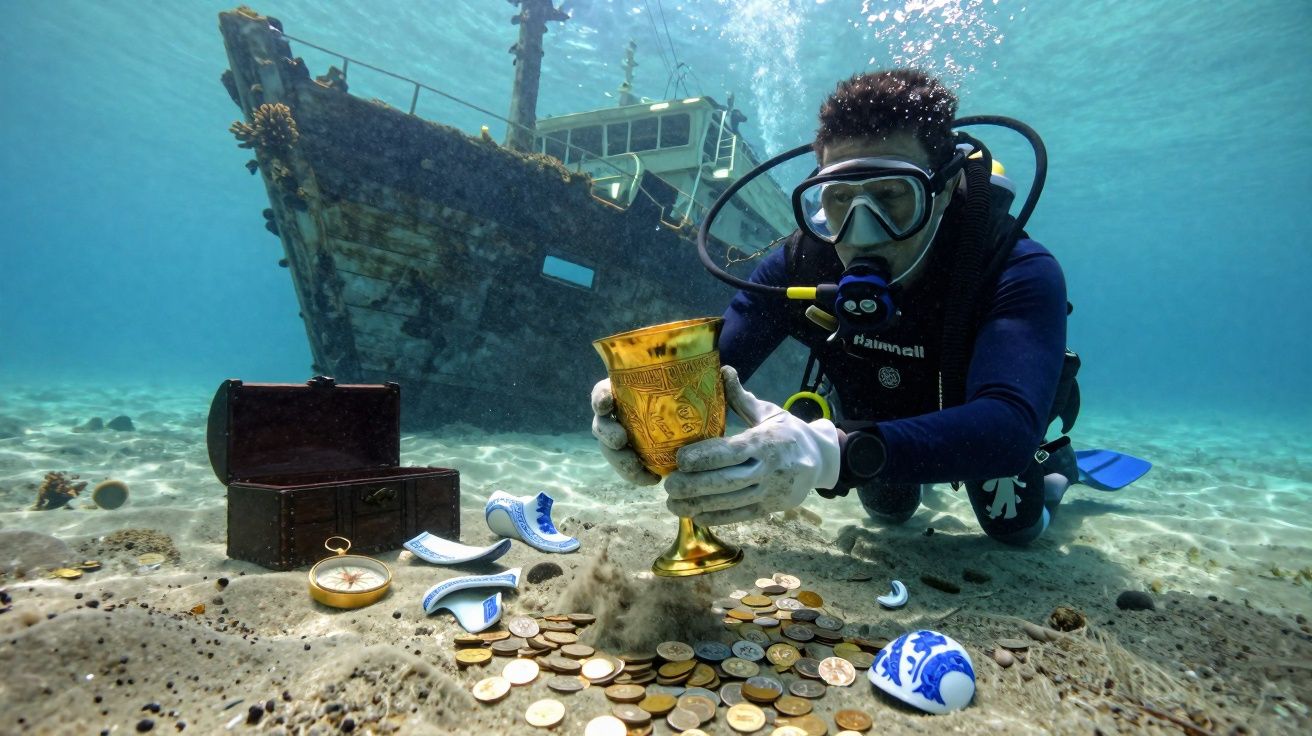 Mergulhador segurando cálice dourado em frente a navio naufragado, com moedas e artefatos arqueológicos no fundo do mar.