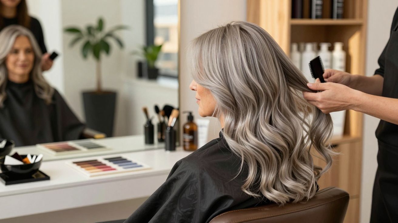 Mulher loira com cabelo ondulado sendo penteada em salão moderno com espelho e produtos.