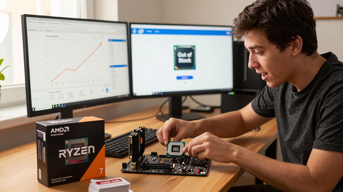 Jovem montando computador com processador AMD Ryzen 7 ao lado de dois monitores em mesa de madeira.