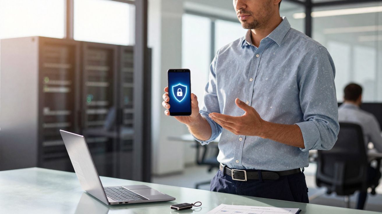 Homem em escritório segurando celular com ícone de cadeado azul na tela ao lado de notebook aberto.