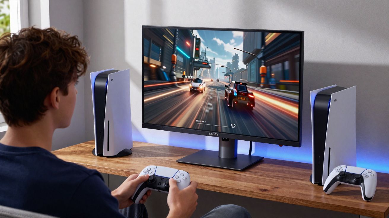Pessoa jogando videogame de corrida em monitor Sony com consoles e controles PS5 em mesa de madeira.