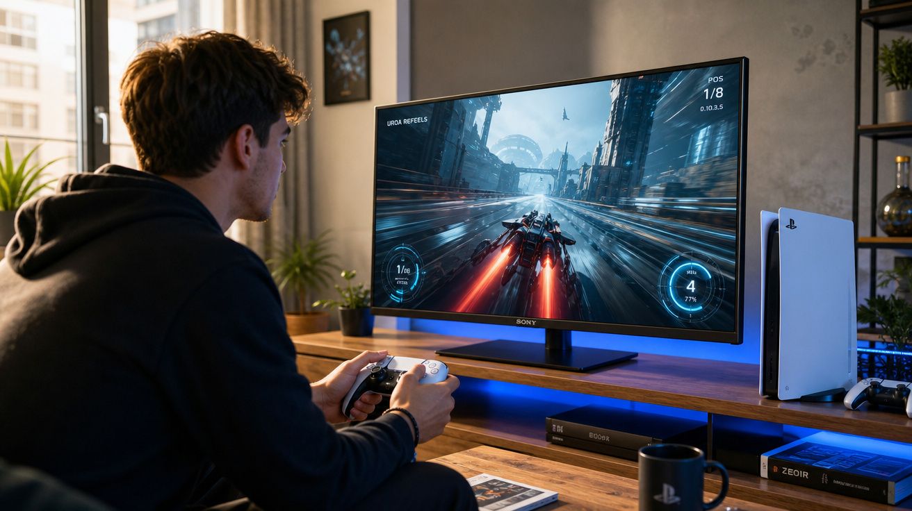 Homem jogando videogame de corrida futurista em uma TV com console PlayStation 5 ao lado.