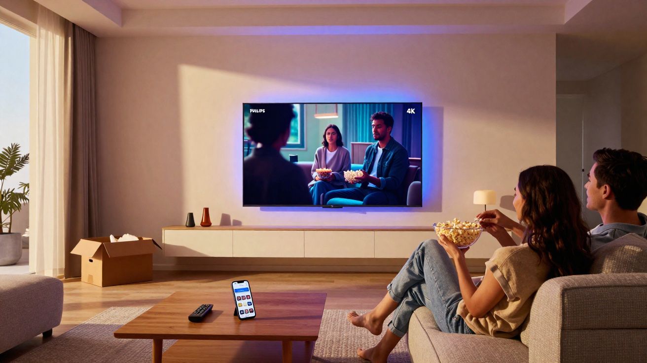 Casal sentado no sofá assistindo TV comendo pipoca em sala de estar iluminada e moderna.