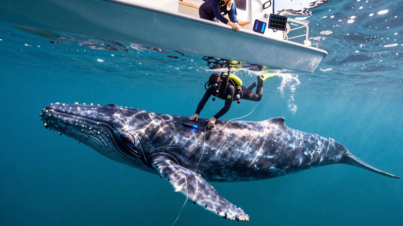 Mergulhador marca uma enorme baleia jubarte azul próximo à superfície sob um barco branco no mar.