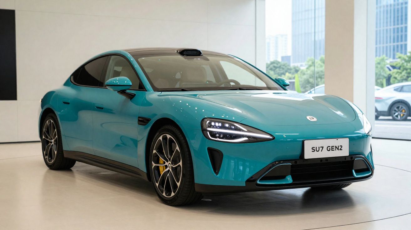 Carro elétrico esportivo azul em exposição interna, com design moderno e faróis LED ligados.