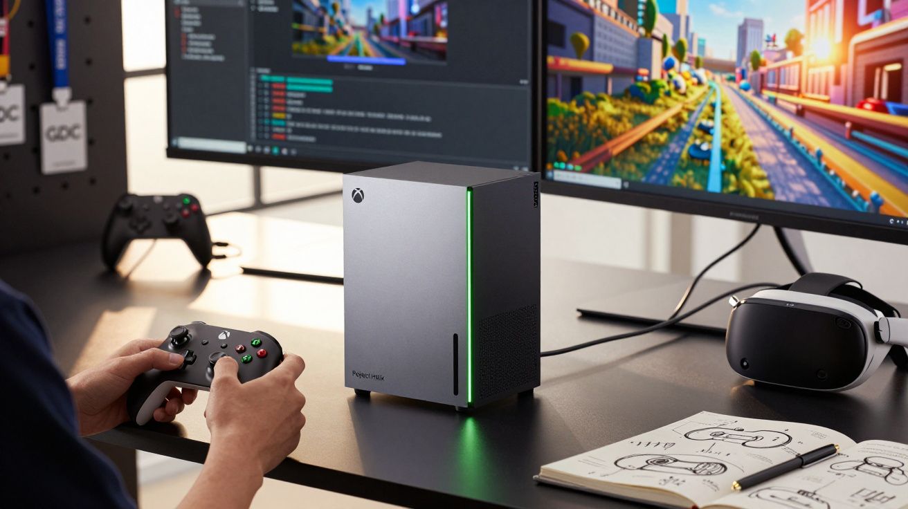 Console Xbox Series S com controle, headset VR, dois monitores e anotações em mesa de escritório.