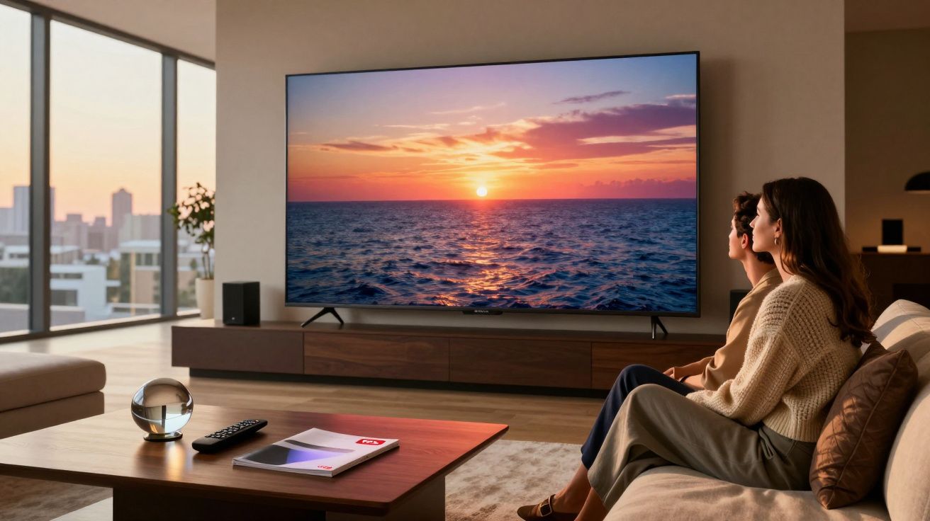 Casal sentado em sofá assistindo pôr do sol no mar na TV em sala moderna com vista para cidade.