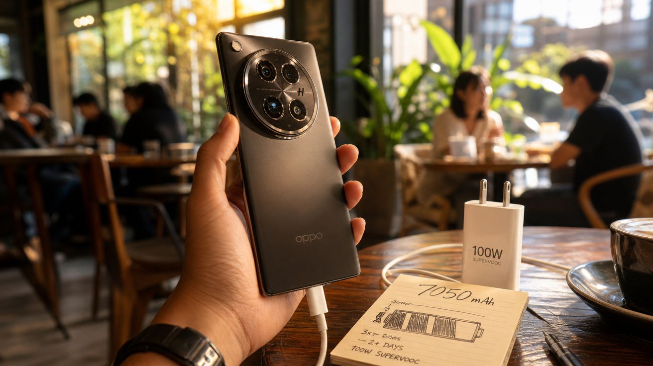 Pessoa segurando smartphone Oppo preto com carregador 100W em mesa de cafeteria iluminada.